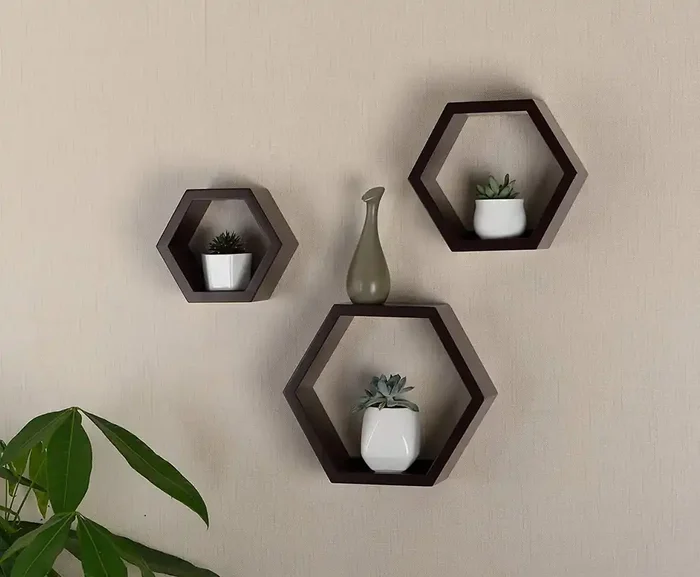 WROUGHT IRON CRAFTS Hexagonal Floating Shelves Wall Mounted Set of 3 Hexagon Shape Storage Shelves Display Racks for Bathroom Kitchen Office Living Room