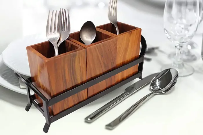 WROUGHT IRON CRAFTS Kitchen Utensil Holder Cutlery Holder Wooden & Wrought Iron Utensil Holder Caddy with 3 Adjustable Compartments Silverware Storage Kitchen Flatware Caddy Holder