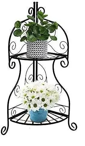 WROUGHT IRON CRAFTS Plant Stand for Indoor Floor Flower Pot Plant Holder Indoor Flower Rack Display for Flower Pot Metal Garden Container Corner Round Supports Rack Set of 1 Black (2 Tier)