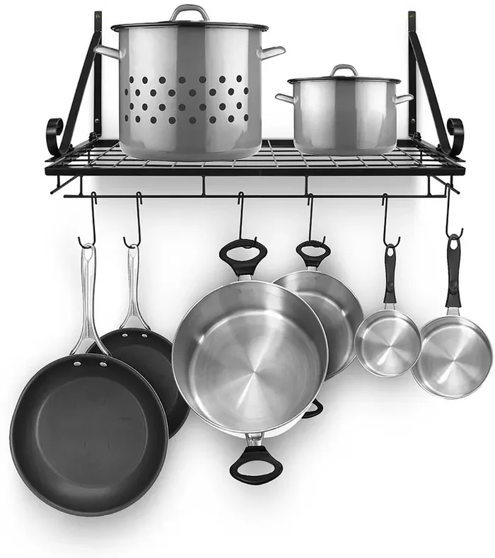 WROUGHT IRON CRAFTS Pots and Pan Rack Decorative Wall Mounted Storage Hanging Rack Multipurpose Wrought-Iron shelf Organizer for Kitchen Cookware Utensils Pans Books Bathroom (Wall Rack – Black)