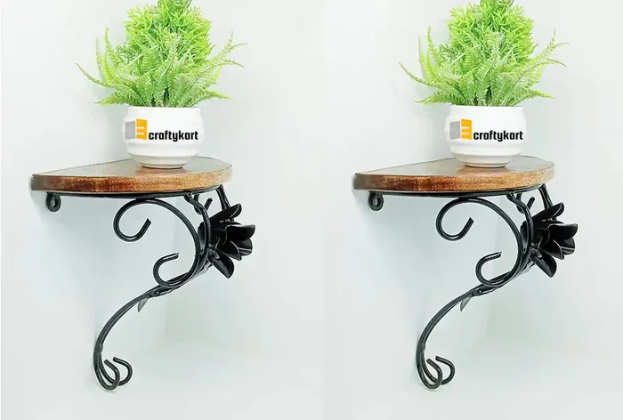 WROUGHT IRON CRAFTS Wall Mounted Wooden and Wrought Iron Wall Bracket Shelf Decor for Bedroom Living Room Photo Frame Flower Pot WiFi- Home and Office ( Rose Bracket – Set )