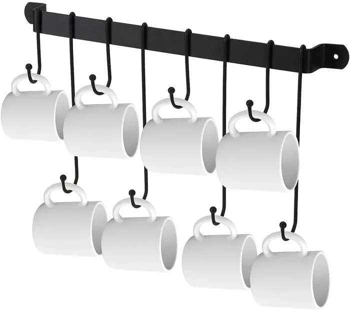 WROUGHT IRON CRAFTS Wall Mounted Wrought Iron Tea Coffee Cup Mug Stand with 8 Hooks Color Black