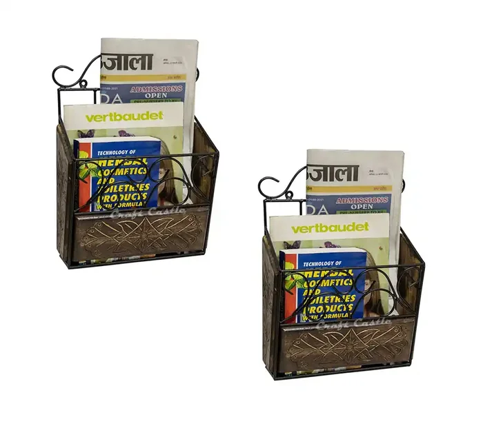 WROUGHT IRON CRAFTS Wood & Wrought Iron Modern Elegance Magazine Newspaper & Book Wall Rack Wall Magazine Holders for Home & Office Black & Natural Finish Set of 2 27 x 10 x 38 cm