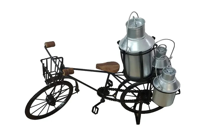 WROUGHT IRON CRAFTS Wood Wrought Iron Milkman Cycle Showpiece for Living Room Toy Gifts Showcase Display Home Desktop Decor Showpiece for Living Room Toy for Kids Indoor Toys – Black
