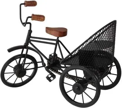 WROUGHT IRON CRAFTS Wood Wrought Iron Mini Rickshaw Showpiece for Living Room Toy Gifts Showcase Display Home Desktop Decor Showpiece for Living Room Toy for Kids Indoor Toys – Black