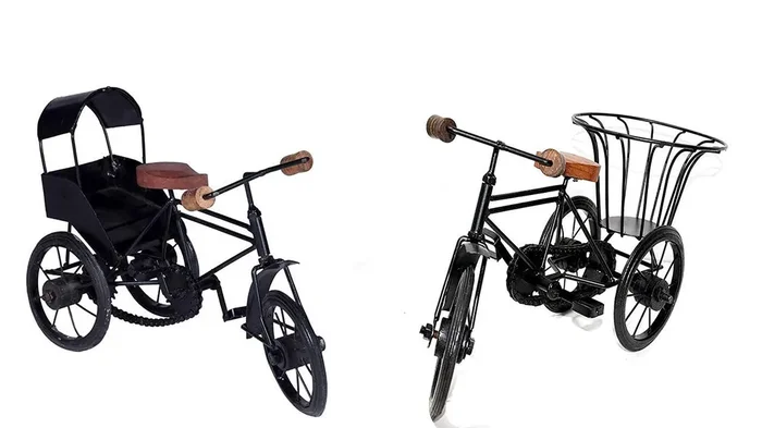 WROUGHT IRON CRAFTS Wood Wrought Iron Mini Rickshaw Showpiece for Living Room Toy Gifts Showcase Display Home Desktop Decor Showpiece for Living Room Toy for Kids Indoor Toys (Set of 2)
