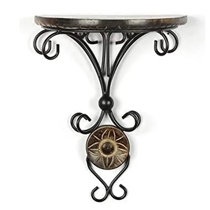 WROUGHT IRON CRAFTS Wooden & Wrought Iron Fancy Wall Shelf (Brown & Black Size – 8 x 4 x 9.5 Inches) Pack of 1