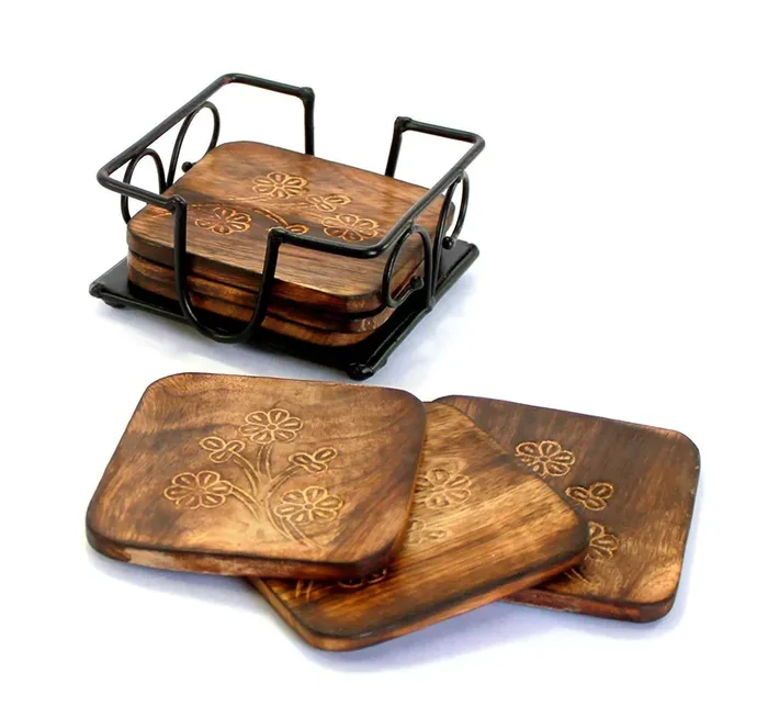 WROUGHT IRON CRAFTS Wooden & Wrought Iron Squar Designed Tea Coster Set