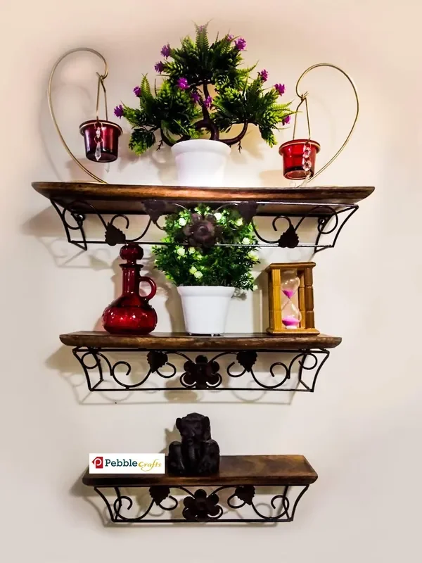 WROUGHT IRON CRAFTS Wooden Iron Floating Wall Shelf/Shelves for Living Room Brown Set of 3