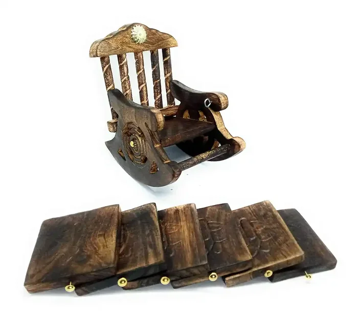 WROUGHT IRON CRAFTS Wooden Tea Coaster Set Gift/Kitchen/Decor Item (Design 1)