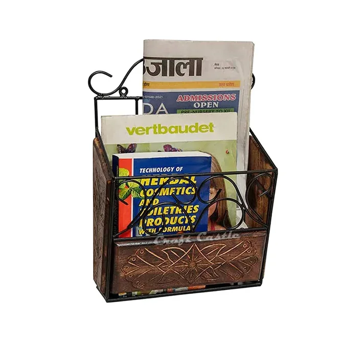 WROUGHT IRON CRAFTS Wrought Iron & Wooden Magazine Cum Newspaper Stand Basket Organizer for Home Living Room or Office Newspaper Magazine Holder etc.(38x28x 11)cm Hanging Shelves