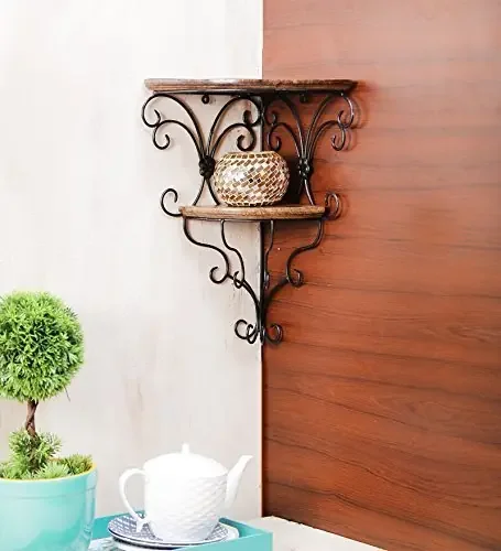 WROUGHT IRON CRAFTS Wrought Iron Corner Rack with 2 Shelves