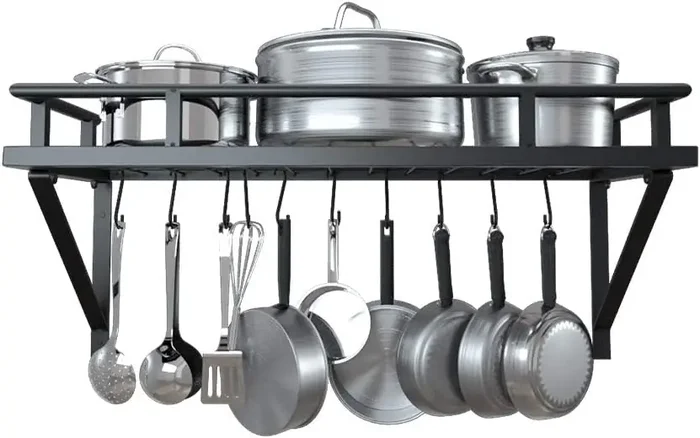 WROUGHT IRON CRAFTS Wrought Iron Decorative Storage Hanging Pots and Pan Rack 23″ X 10″ X 9.5″ Black