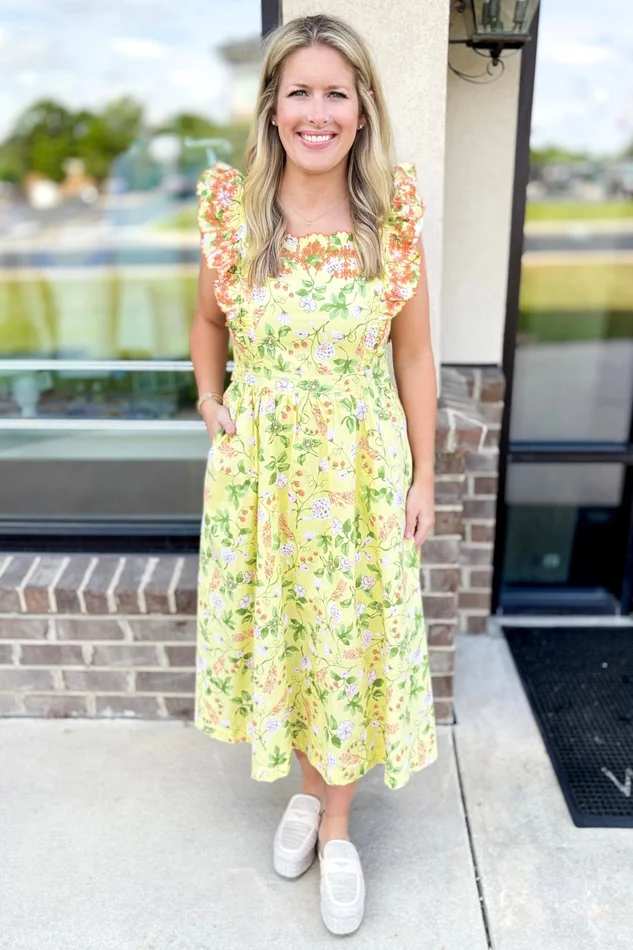 YELLOW & PINK FLORAL SCALLOP TRIM MIDI DRESS
