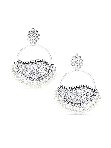 Yellow Chimes Women‘s Chandbali Earrings German Oxidised Stone Studded Chand bali Earrings White Medium