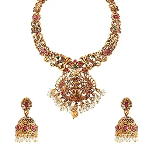 Yellow Chimes Women‘s Traditional Jewellery Set Ethnic Temple Plated Jewelry Long Haram Necklace And Girls Medium Gold