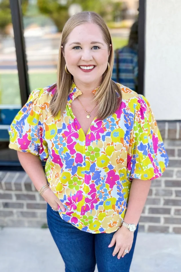 YELLOW MULTI FLORAL PUFF SLEEVE TOP
