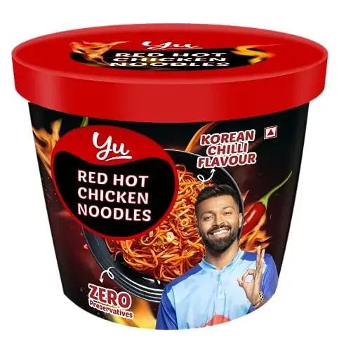 Yu – Red Hot Chicken Noodles – Extra Spicy – Korean Chilli Flavour – No Preservatives – Instant Food with Chicken Pieces – 100% Natural Cup Noodles – Ready to Eat Instant Noodles – 85g