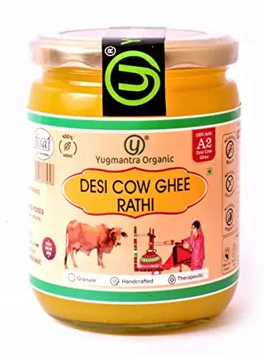 Yugmantra Organic Foods 100 % Pure Natural Desi Rathi Cow Ghee – Glass Bottle Prepared from Vedic A2 Milk Bilona Method-Immunity Superfood (500 ML)