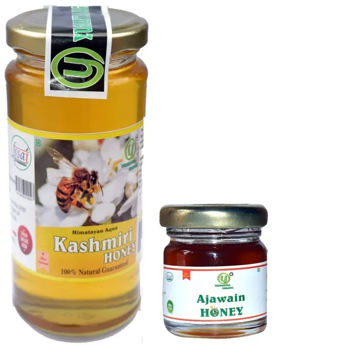 Yugmantra Organic Foods -100 % Pure Raw Natural Unprocessed Kasmiri Forest Honey 325 gm with Free Ajwain Forest Raw Honey 55 GMS !! Immunity Booster !! in Glass Bottles