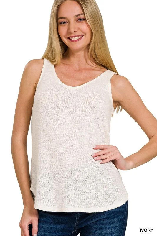 Zenana Double Scoop Slub Hacci Neck Tank Top