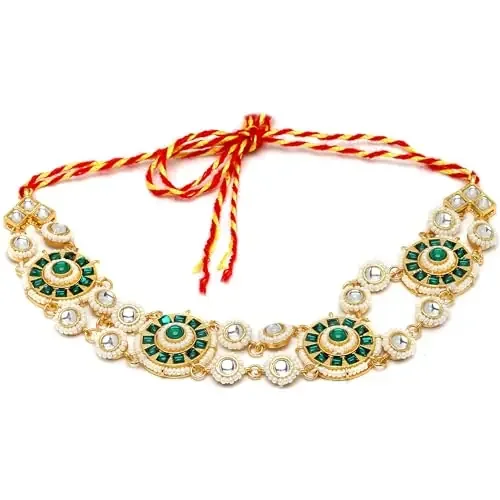 ZENEME Gold-ColorGreen & White Artificial Stones and Beads studded Matha Patti for Women & Girls