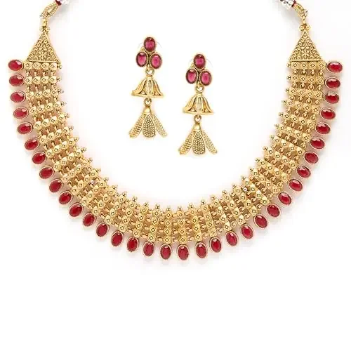 ZENEME Golden ColorIndiant Traditionnal Temple Jewellery Goddess Laxmi Choker Necklace with Drop Earrings for Women