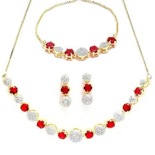 ZENEME Golden ColorRed & White Studded Necklace With Earring Bracelet and Ring Combo Jewellery Set For Woment and Girl