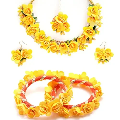 Zeneme Jewellery Flowers Jewellery Set For Haldi Gota Patti Necklace Earrings Bracelet & Maang Tika for Women & Girls ( Mehandi/Haldi/Wedding/Bridal/Baby Shower )