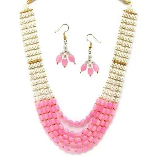 ZENEME Jewellery Set White Pearl Multi String Five Layered Rajasthani Style Vintage Necklace Set With Earrings Jewellery For Women & Girls