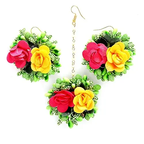 ZENEME Jewellery Yellow & Pink Flower Earring and Maang Tikka Jewellery Set for Wedding Baby Shower Haldi Mehandi Party in Pink and Yellow Colour for Girls and Women(Combo)
