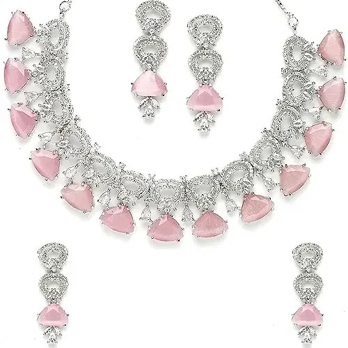 Zeneme Rhodium-ColorWith Silver-Toned Red And White Studded Choker Necklace And Drop Earrings Jewellery Set For Women