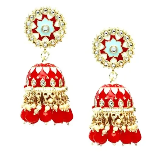 ZENEME Women‘s Gold-Plated Kundan & Pearls Studded Dome Shaped Handcrafted Jhumka Earrings