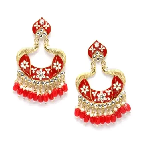 ZENEME Women‘s Gold-Plated Kundan & Pearls Studded Peacock Shaped Handcrafted Drop Earrings