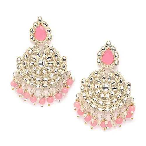 ZENEME Women‘s Gold-Plated Kundan Studded Contemporary Drop Earrings Large Pink & White