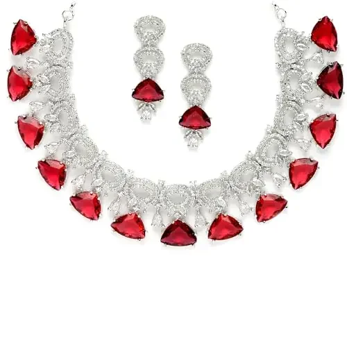 ZENEME Women‘s Rhodium-Plated With Silver-Toned And White American Diamond Studded Choker Necklace And Drop Earrings Jewellery Set