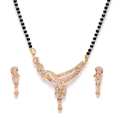 ZENEME Women‘s Rose Gold-Plated White Artificial Stones And Black Beads Studded Mangalsutra With Earrings Jewellery Set Free Size Rose Gold Black & White