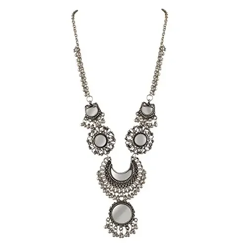 Zephyrr Jewellery Afghani German Silver Beaded Long Pendant Necklace with Mirrors